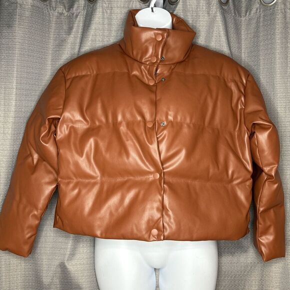 A New Day Faux Leather Cropped Puffer Jacket Brown Women’s Large - Picture 1 of 11